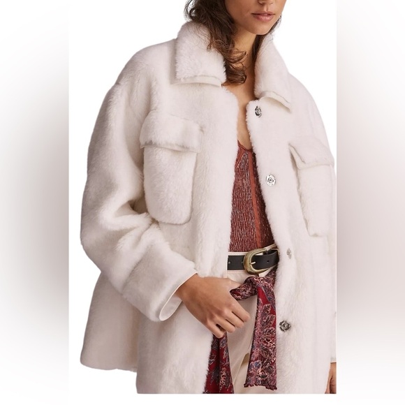 Anthropologie Jackets & Blazers - Maeve Anthropologie cinch waist snap front white faux fur jacket small